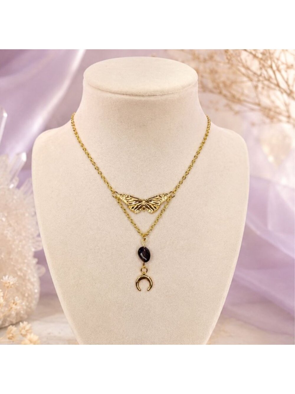 Butterfly Moth Necklace with Amethyst Gemstone and Crescent Moon Pendant